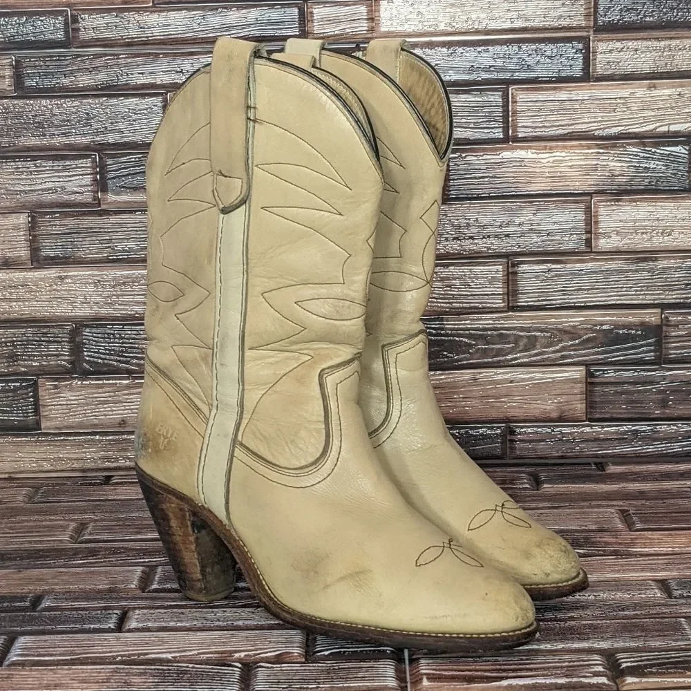 Frye Nude Leather Western Heeled Boots - Women's 8